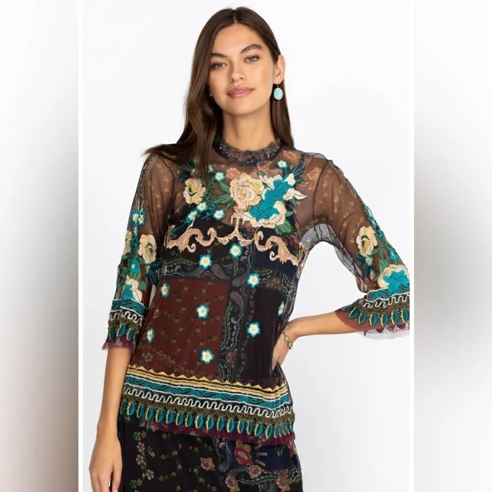 Johnny Was Renley Black Brown Blouse Sheer Mesh Floral Embroidered Size  XS